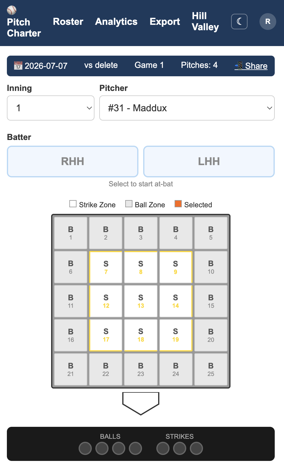 Pitch Charter charting screen showing the strike zone grid, pitcher and batter selection, and ball/strike counters